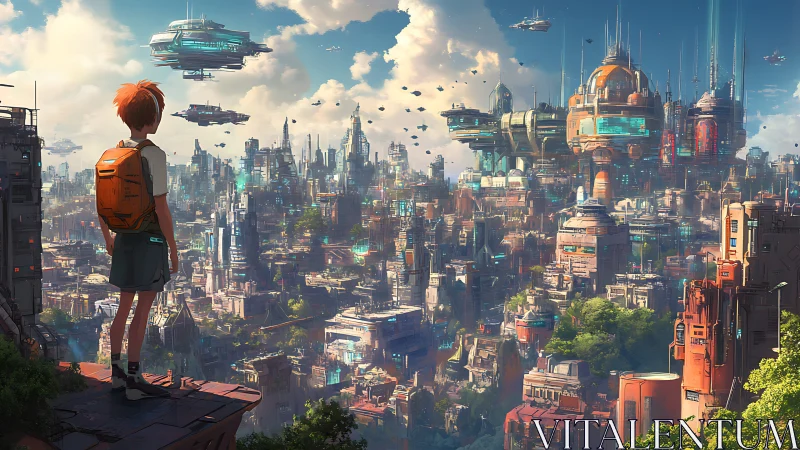Young dreamer gazing over a vibrant floating future city.