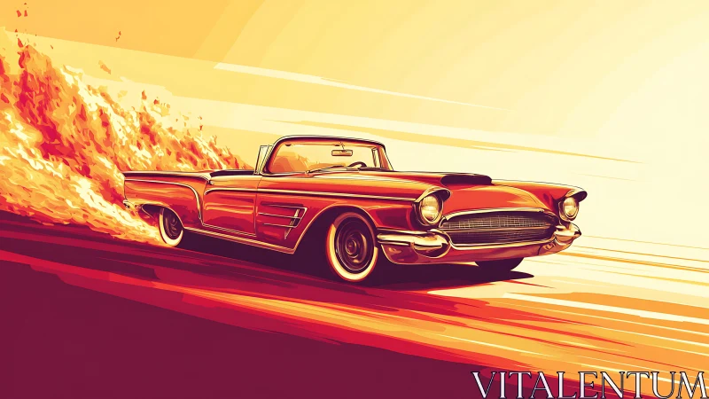 Sunlit red convertible cruising through a golden desert road.