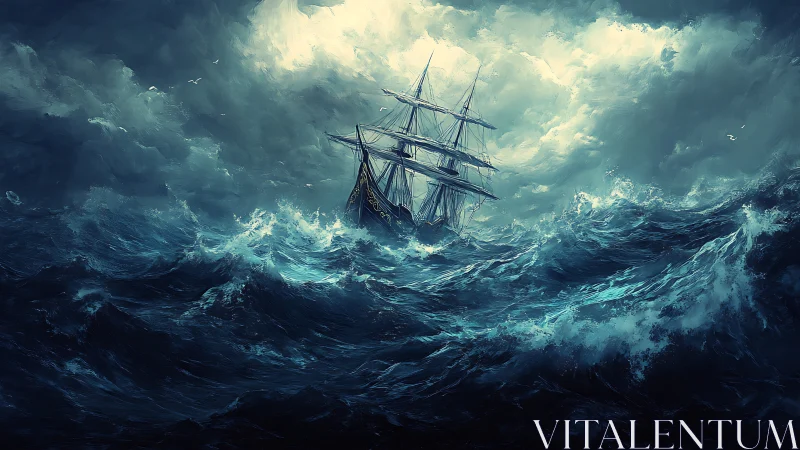 Tall ship battles towering storm waves under ghostly light.