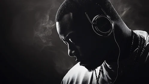 High-contrast side-lit portrait isolates headphone listener in smoke