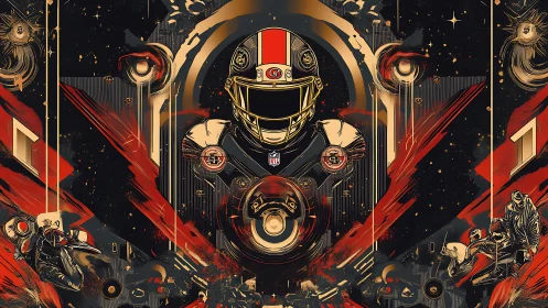 Futuristic NFL quarterback montage in kinetic red gold abstraction