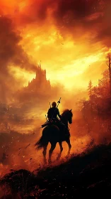Epic rider silhouette before burning citadel at dusk.