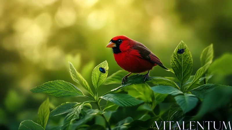 Vibrant red cardinal on green foliage, nature photography style.