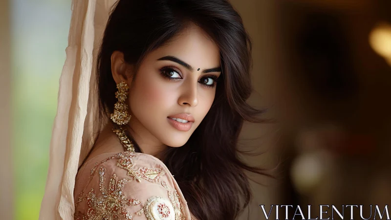 Portrait of elegant woman in embroidered traditional attire.