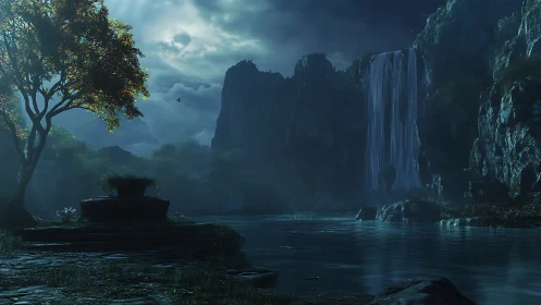 Moonlit waterfall canyon reveals a tranquil hidden sanctuary