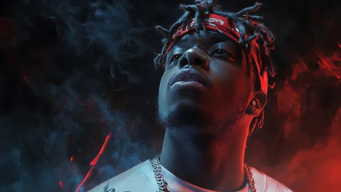 Portrait of man in colored smoke with dramatic lighting.