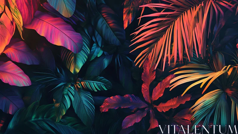 Neon jungle leaves glow over dark tropical foliage