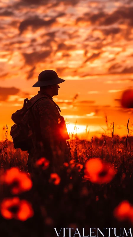 Solitary soldier stands in poppy field under burning sunset sky