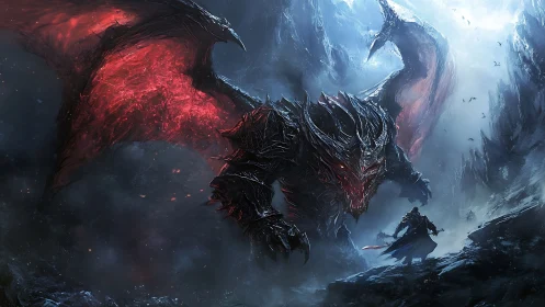 Armored hell dragon confronts lone warrior in icy abyss.