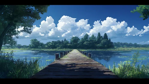 Wooden lakeside pier under bright clouds and blue sky.