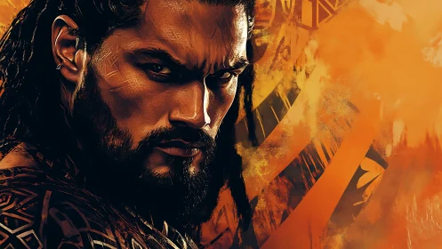 Warrior portrait glows against blazing tribal orange backdrop