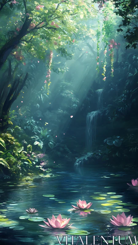 Sunlit lily pond hidden in a dream-bright forest glade.