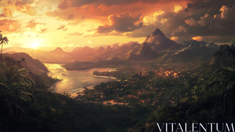 Sunlit tropical valley with river, city and volcanic peak.