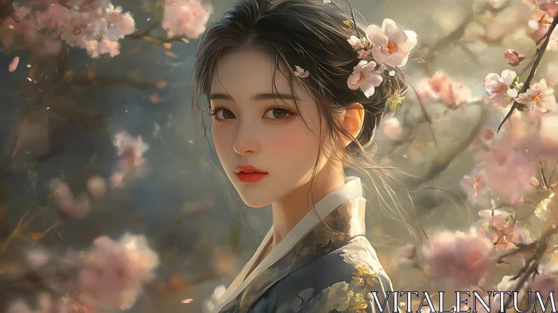 Soft-lit digital portrait merges floral bokeh with ornate kimono detailing