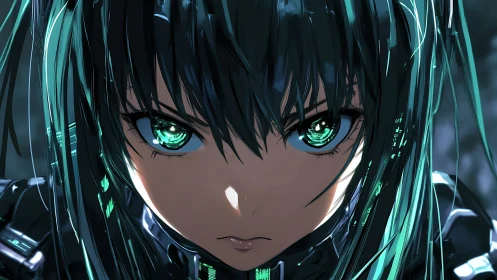 Cybernetic gaze of determined anime warrior girl portrait.
