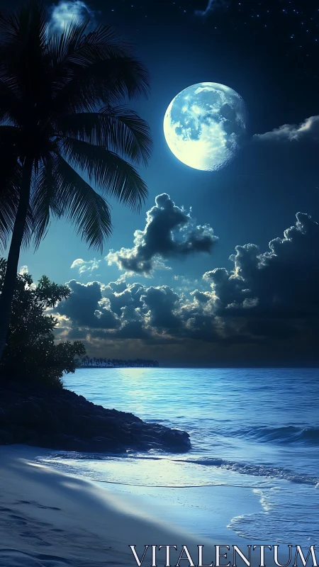 Tropical shoreline under luminous full moonlight glow.