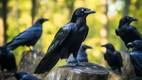 Majestic Raven Flock on Tree Stumps in Sunlit Forest Setting.