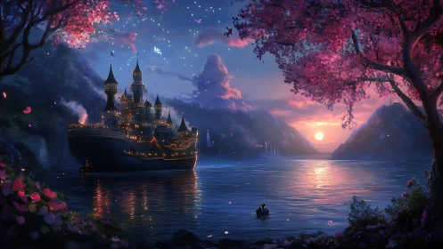 Enchanted castle-ship drifts beneath cherry twilight skies.
