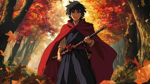 Sword-carrying anime warrior stands in dense autumn forest