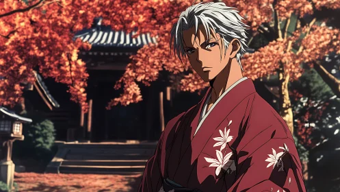 Silver-haired samurai in red kimono stands before temple in autumn
