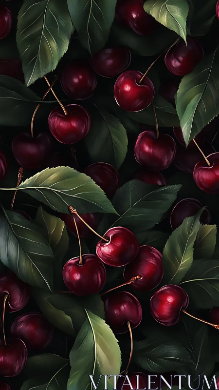 Midnight orchard of glistening cherries and lush leaves.