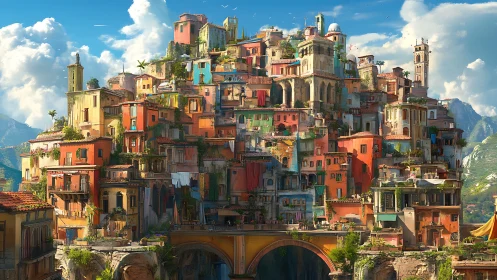 Sunlit hillside city rises in layered, colorful terraces