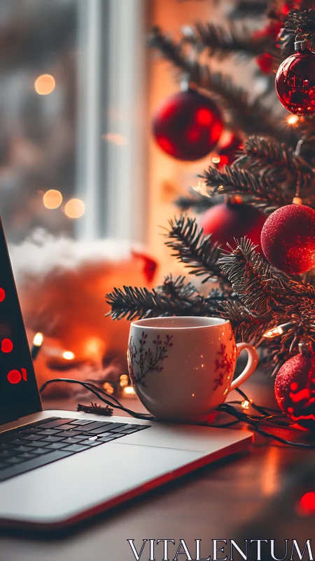 Holiday workspace with laptop, ceramic mug and red baubles.
