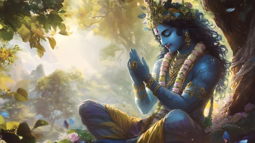 Blue deity in forest prayer, bathed in golden mystical light.