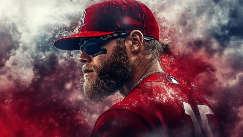 Intense baseball portrait amid red and smoky energy field.