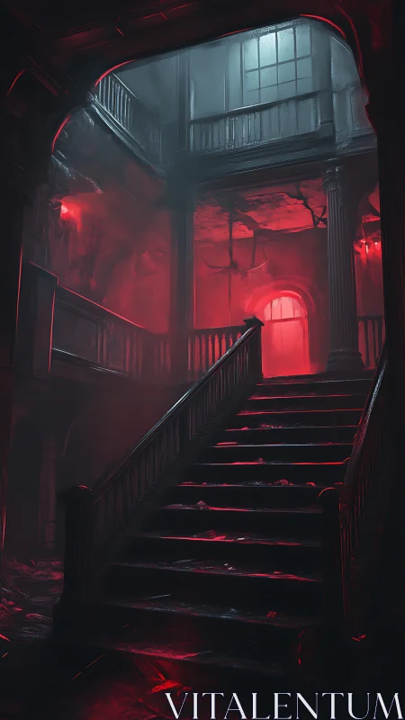 Red haunted staircase inhales shadows beneath cold skylight