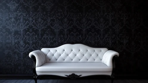 White tufted sofa contrasts elegantly against dark damask wall.