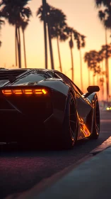 Sunset supercar prowls beneath neon-soaked palm canyons.