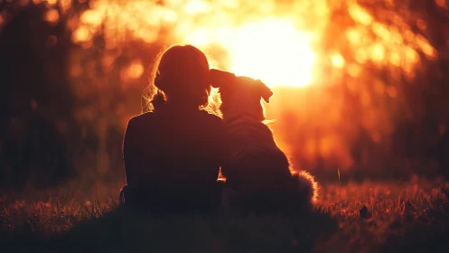 Sunset companionship between a child and loyal dog.