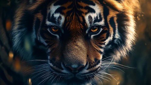 Majestic tiger stares through forest dusk with blazing resolve