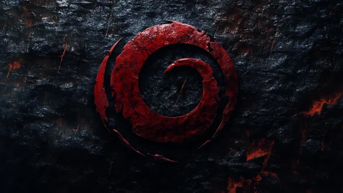 Red circular spiral emblem on dark cracked rock surface.