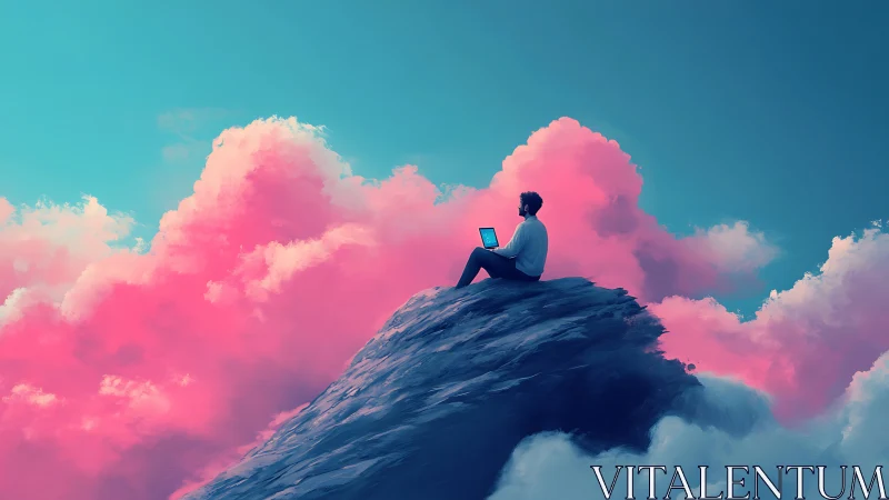 Remote worker on rocky summit amid vivid magenta cloudscape