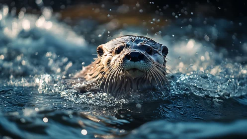 Otter surfacing in dynamic low-angle aquatic close-up study