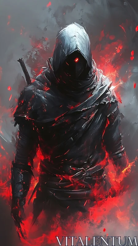 Hooded shadow assassin emerges through infernal crimson blaze.