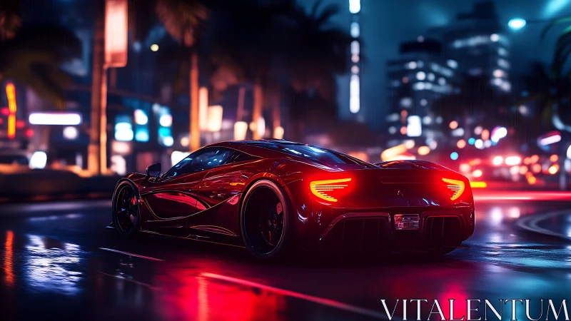 Neon rain-chaser supercar prowling through midnight boulevards.