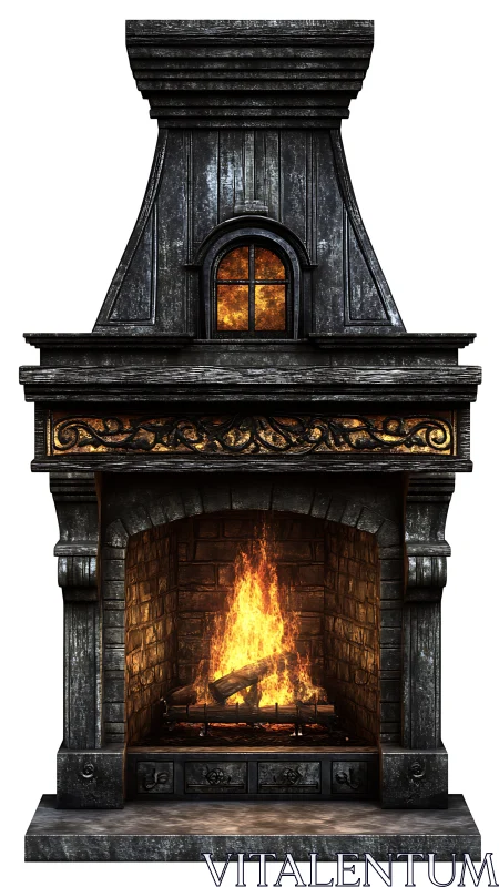 Digital rendering of ornate black fireplace with interior flames and upper window