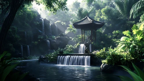 Photorealistic zen pavilion amid tiered jungle waterfalls.