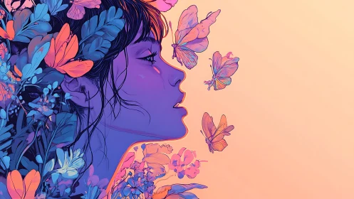 Ethereal profile with neon flora and drifting butterflies.