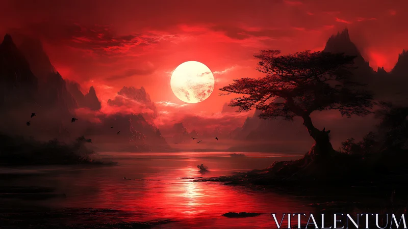 Crimson exoplanet sunrise over misted mountains and lake