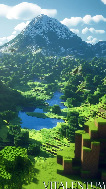 Voxel mountain landscape with river, forest, and clouds.
