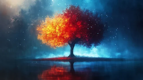 Luminous bicolor tree reflected over misty nocturnal lake.