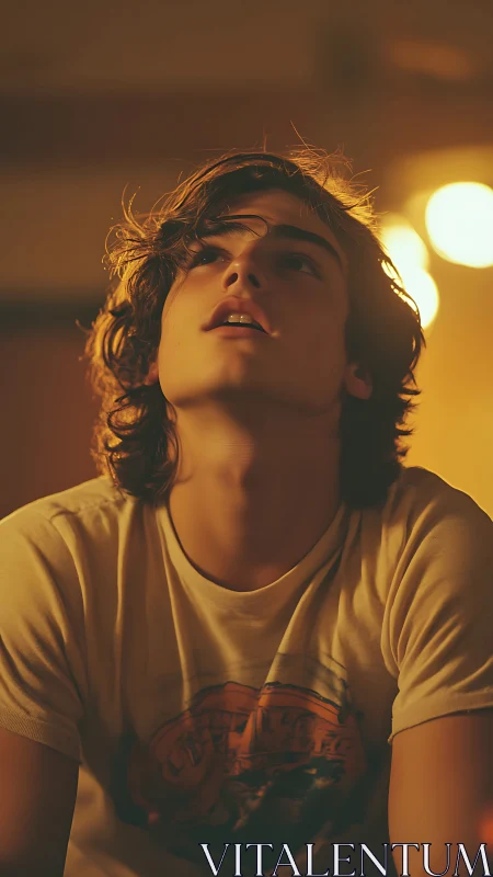 Young man gazes upward in warm nostalgic evening light