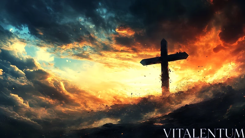 Dark cross silhouette under stormy, burning sky at dusk.