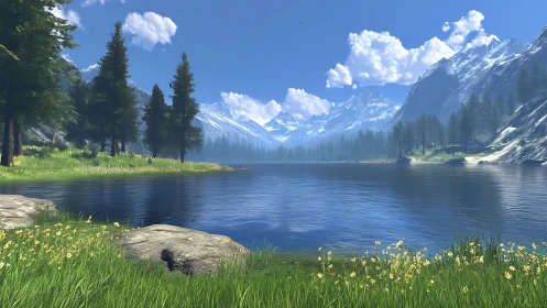 Lake whispers softly beneath bright snow-crowned giants