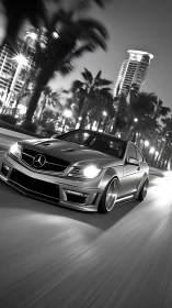 Monochrome performance coupe on dynamic urban boulevard.