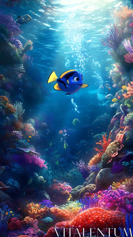 Digital reefscape with central blue tang in vertical composition.